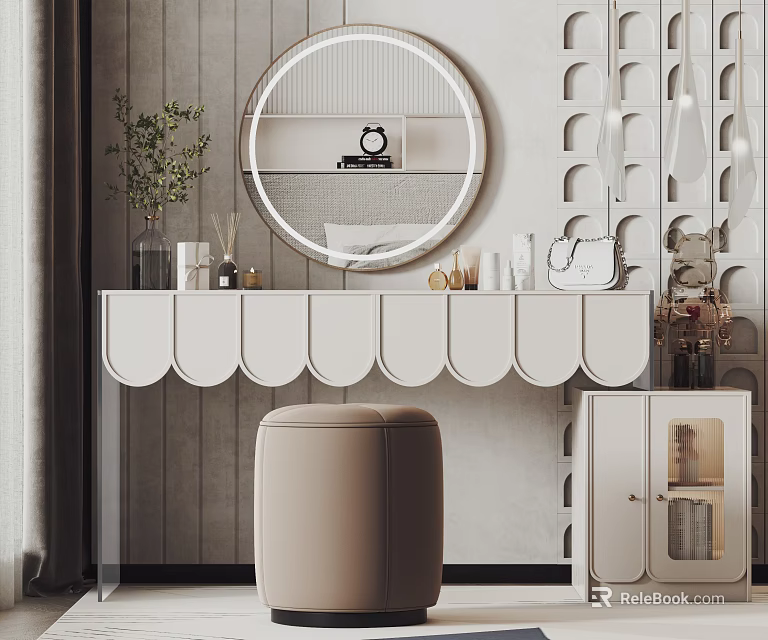 Modern Dressing Table Interior With Round Mirror Beige Stool Curved Cabinet Doors And Green Plant 3d model 