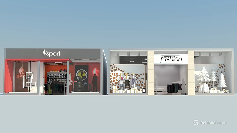 Sport And Fashion Shop Windows With Mannequins Clothing Displays And Decorations 3d model 