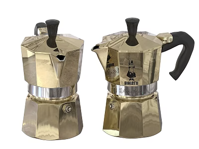 Two Gold Moka Pots As Stylish Kitchen Appliances With Black Handles And Lids 3d model