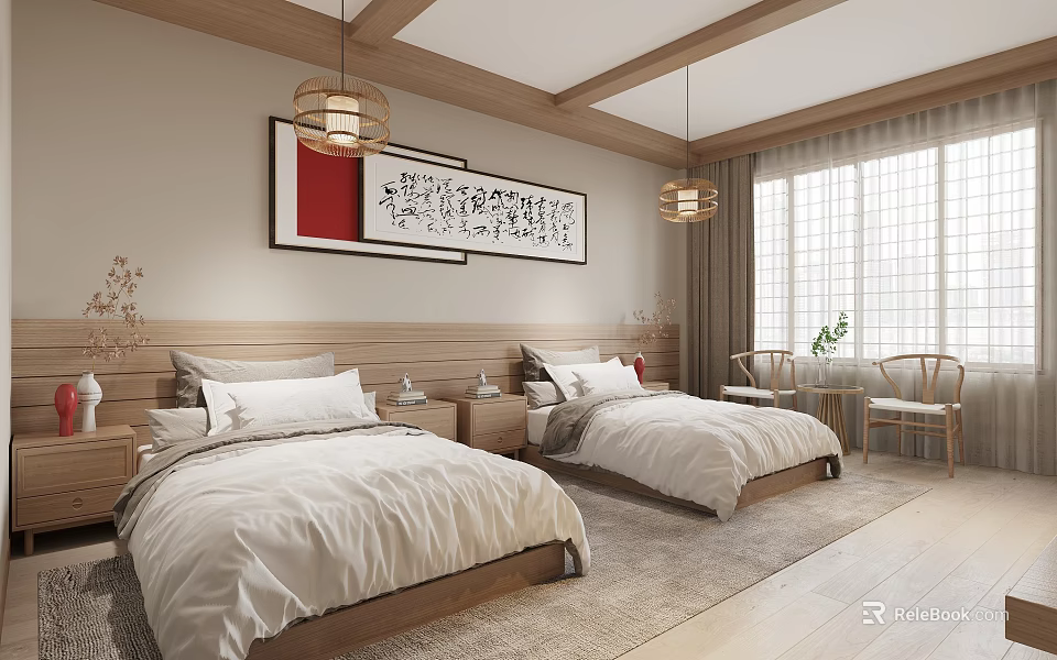 Modern Hotel Guest Room With Twin Beds White Linens Wooden Headboards And Wall Art 3d model 