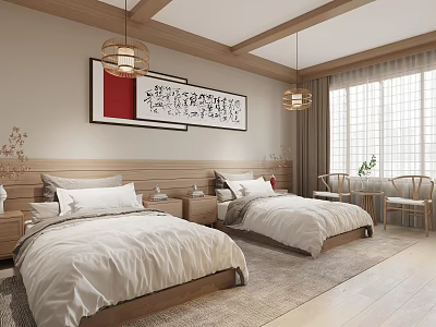 Modern Hotel Guest Room With Twin Beds White Linens Wooden Headboards And Wall Art 3d model