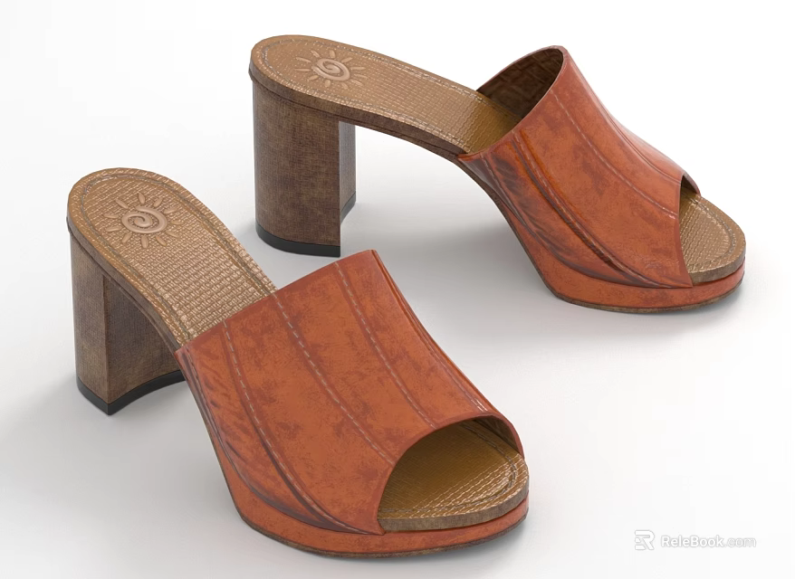 Women's Brown Leather Block Heel Mules With Stitched Upper And Textured Insole 3d model 