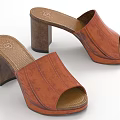 Women's Brown Leather Block Heel Mules With Stitched Upper And Textured Insole