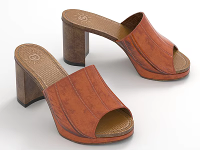 Women's Brown Leather Block Heel Mules With Stitched Upper And Textured Insole 3d model