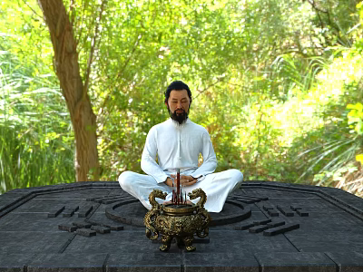 Man Sitting Cross Legged on Carved Stone Platform With Incense Burner and Lush Green Trees 3d model