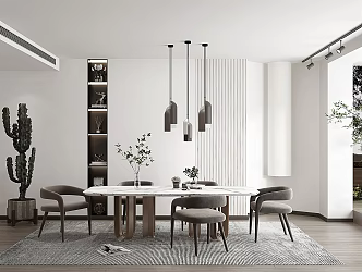 Modern Restaurant Dining Table Dining Chair Combination Chandelier Cactus Green Plant 3d model