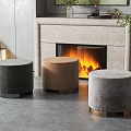 Single Sofas in Green Brown Gray Velvet with Metal Base by Fireplace and Plants