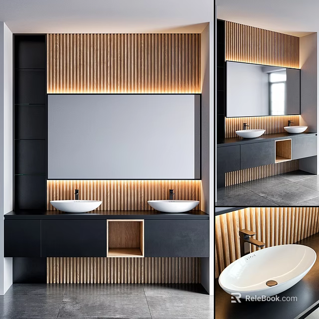 Modern Bathroom Vanity With Wooden Striped Wall Black Cabinetry Double Sinks Large Mirror And Recessed Lighting 3d model 