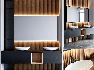 Modern Bathroom Vanity With Wooden Striped Wall Black Cabinetry Double Sinks Large Mirror And Recessed Lighting 3d model