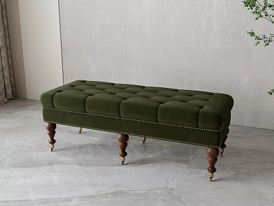 Green Tufted Sofa Bench With Wooden Legs And Brass Feet For Indoor Living Space 3d model