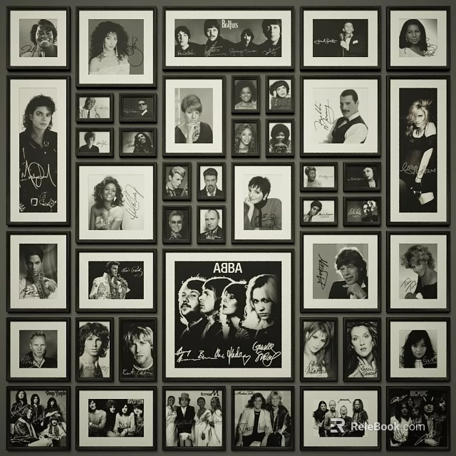 Photo Wall Featuring Various Framed Portrait Photos Autographs And ABBA Band Poster 3d model 