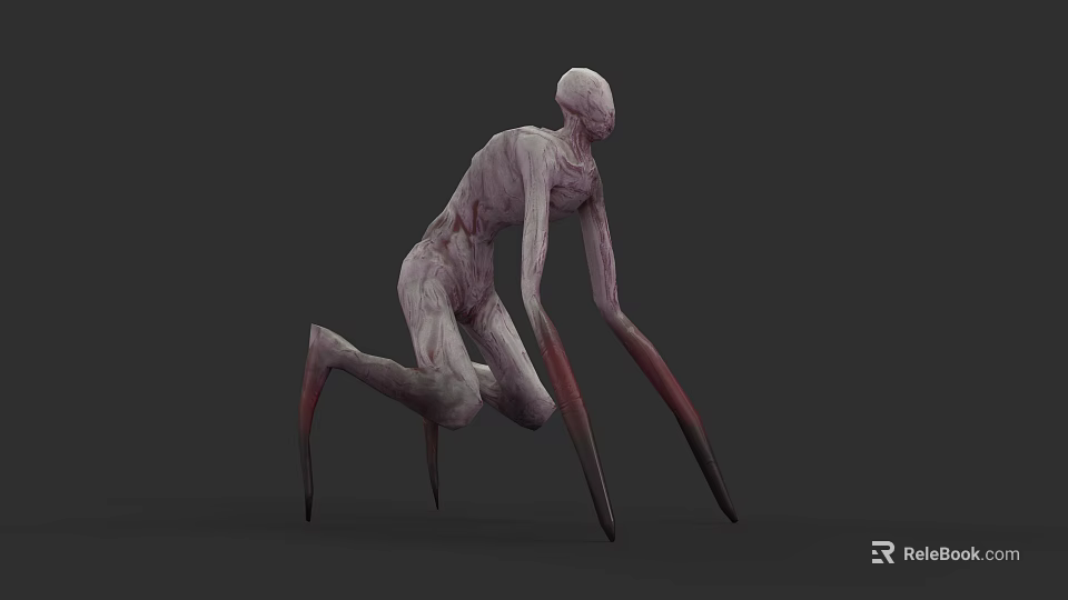 Pale Gray Humanoid Creature With Long Limbs And Twisted Form On Gray Background 3d model 