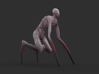 Pale Gray Humanoid Creature With Long Limbs And Twisted Form On Gray Background 3d model