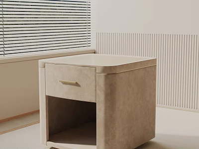 Modern Minimalist Beige Upholstered Bedside Table With Drawer And Open Shelf 3d model