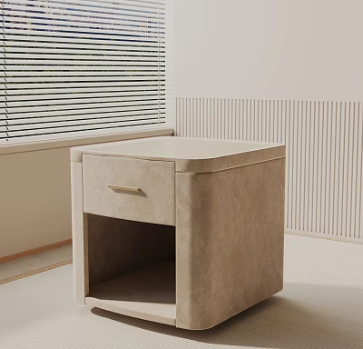 Modern Minimalist Beige Upholstered Bedside Table With Drawer And Open Shelf 3d model