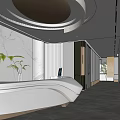 Modern Luxury Curved White Reception Desk With Marble Wall And Green Plant