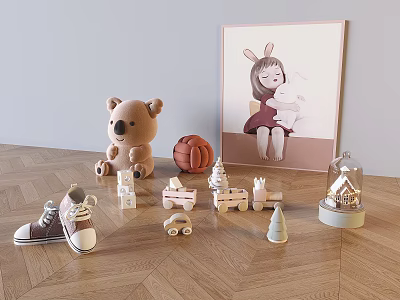 Cute Koala Doll and Rabbit Doll in Children's Room with Wooden Toys Shoes and Painting 3d model