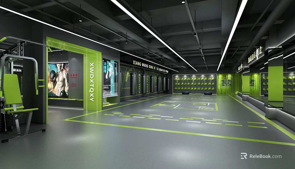 Modern Fitness Gym Interior Design With Lockers Equipment Area And Green Floor Lines 3d model 