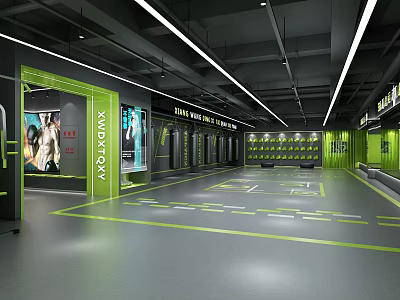 Modern Fitness Gym Interior Design With Lockers Equipment Area And Green Floor Lines 3d model