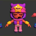 Cartoon Character with Pink Cat Ear Hat Yellow Star Angry Expression Blue Bottles Red Item in Air