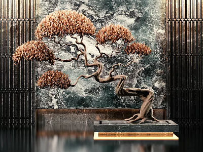 Bonsai Tree with Elegant Curved Branches on Decorative Stand Against Textured Wall 3d model