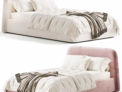 Double Bed With White and Pink Upholstered Headboard White Comforter and Brown Throw Blanket 3d model