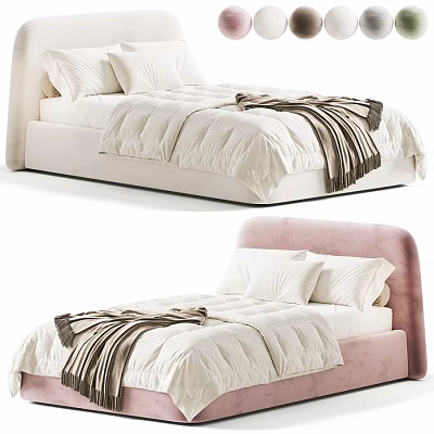 Double Bed With White and Pink Upholstered Headboard White Comforter and Brown Throw Blanket 3d model