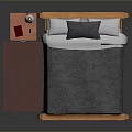 Solid Wooden Bed With Gray Quilt White Pillows And Red Nightstand With Lamp
