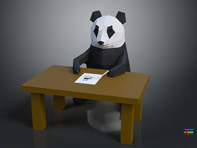 Low Poly Panda Character Sitting at Wooden Table with Paper 3d model