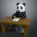 Low Poly Panda Character Sitting at Wooden Table with Paper