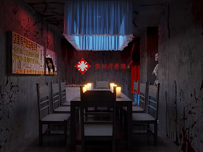 Horror Themed Room With Blood Stained Walls Cross Poster And Skeleton Decor 3d model