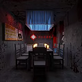 Horror Themed Room With Blood Stained Walls Cross Poster And Skeleton Decor