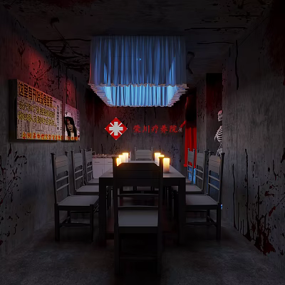 Horror Themed Room With Blood Stained Walls Cross Poster And Skeleton Decor 3d model