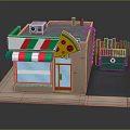 Small Pizza Shop Building With Green White Striped Awning Red Door And Roof Air Conditioner