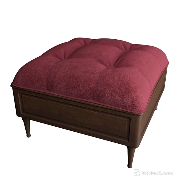 Elegant Burgundy Tufted Ottoman With Wooden Frame And Soft Upholstery 3d model 