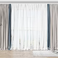 Modern Curtains Featuring Gray Blue Panels And Sheer White Layers For Window With Wooden Floor
