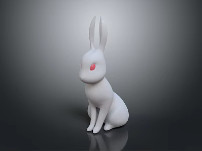 Minimalist White Rabbit Figurine With Red Eyes In Sitting Posture On Black Background 3d model