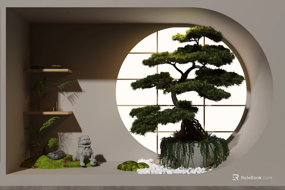 Zen Style Showcase With Circular Window Bonsai Pine Tree Stone Lion Statue Small Plants Moss 3d model