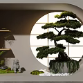 Zen Style Showcase With Circular Window Bonsai Pine Tree Stone Lion Statue Small Plants Moss 3d model