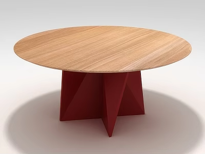 Round Wooden Dining Table Featuring Red Geometric Legs And Smooth Tabletop 3d model