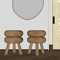 Two Stacked Wooden Stools With Round Mirror White Wall And Wooden Floor