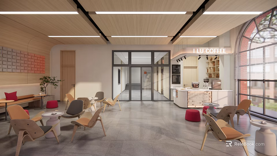 Modern Café Interior Design With Wooden Ceiling Open Layout And Comfortable Seating 3d model 