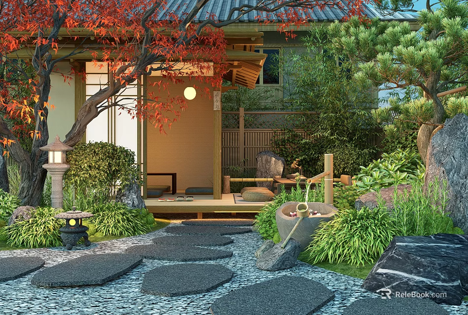 Japanese Style Courtyard Garden With Red Maple Leaves Stone Lanterns And Stepping Stones 3d model 