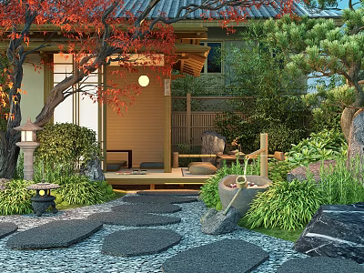 Japanese Style Courtyard Garden With Red Maple Leaves Stone Lanterns And Stepping Stones 3d model