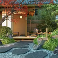 Japanese Style Courtyard Garden With Red Maple Leaves Stone Lanterns And Stepping Stones