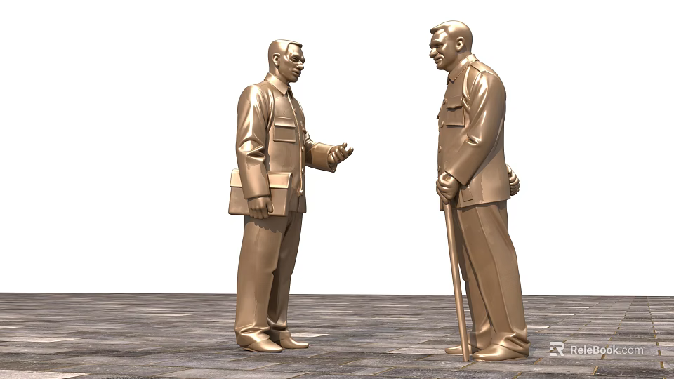 Golden Interactive Landscape Sculptures Depicting Two Men With Briefcase And Cane 3d model 
