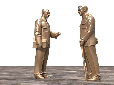 Golden Interactive Landscape Sculptures Depicting Two Men With Briefcase And Cane 3d model