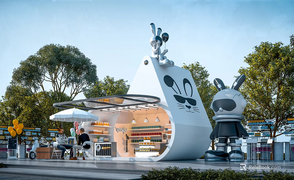 Cartoon Rabbit Themed Container Building With Sculpture Store Interior And Outdoor Trees 3d model 