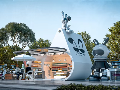 Cartoon Rabbit Themed Container Building With Sculpture Store Interior And Outdoor Trees 3d model