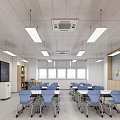 School Classroom Interior With Blue Chairs White Desks Red Wall Blackboard Storage Cabinets And Lighting